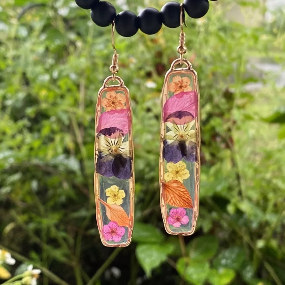 Rectangular Pressed Flower Resin Dangle Earrings Gold
